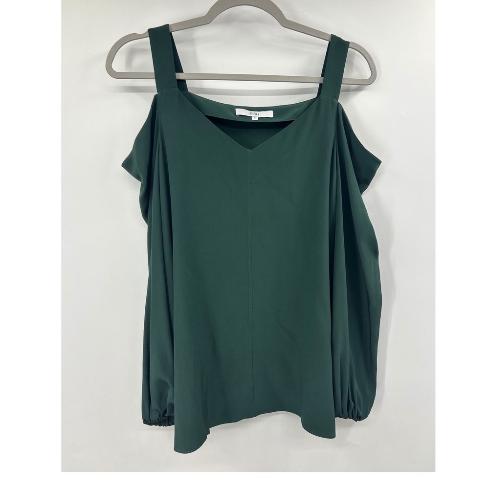 Tibi Forest Green 100% Silk Cold Shoulder V-Neck Blouse Top Size 4